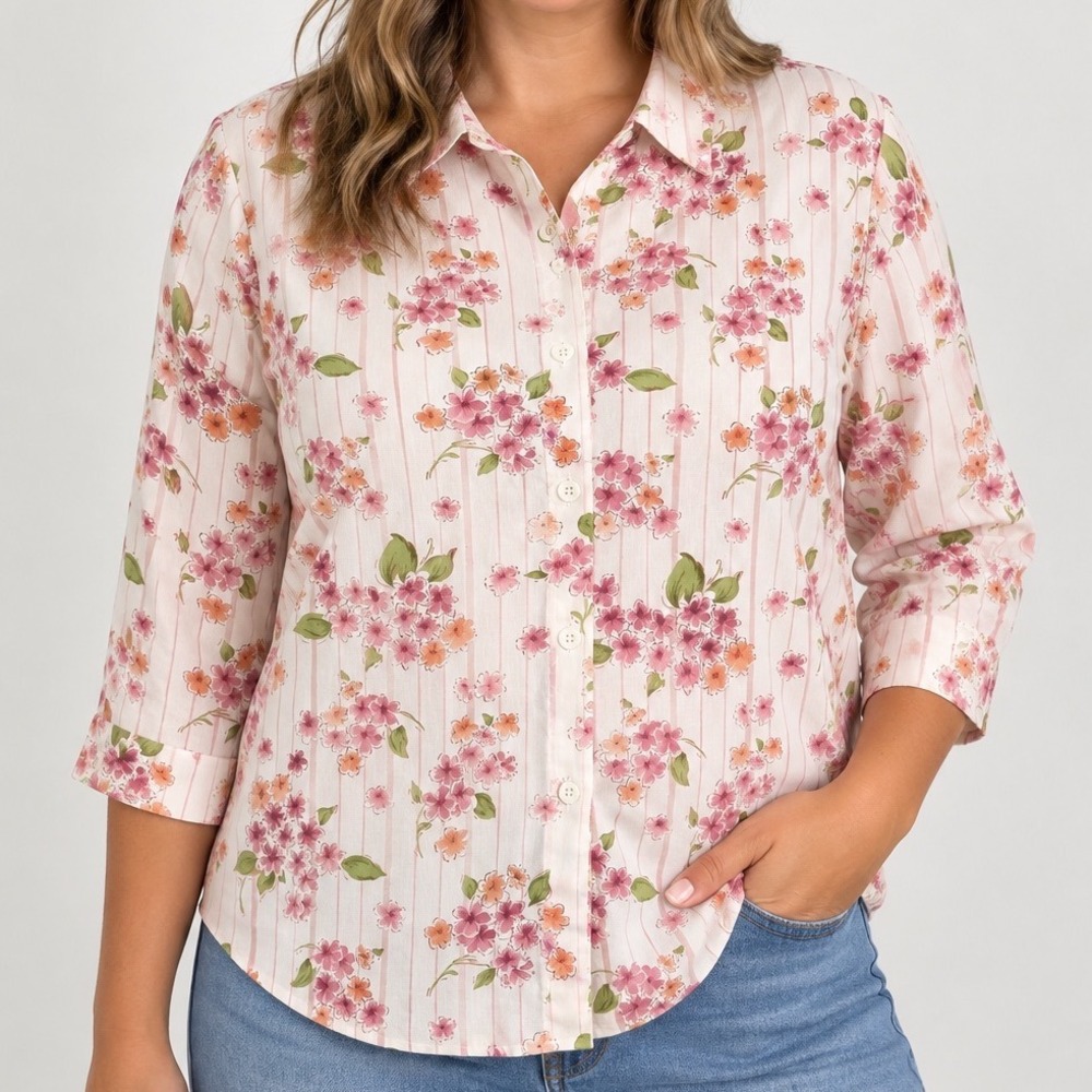 Floral Mesh Button Blouse Womens 12P Pink Cottagecore Romantic 3/4 Sleeve Sheer